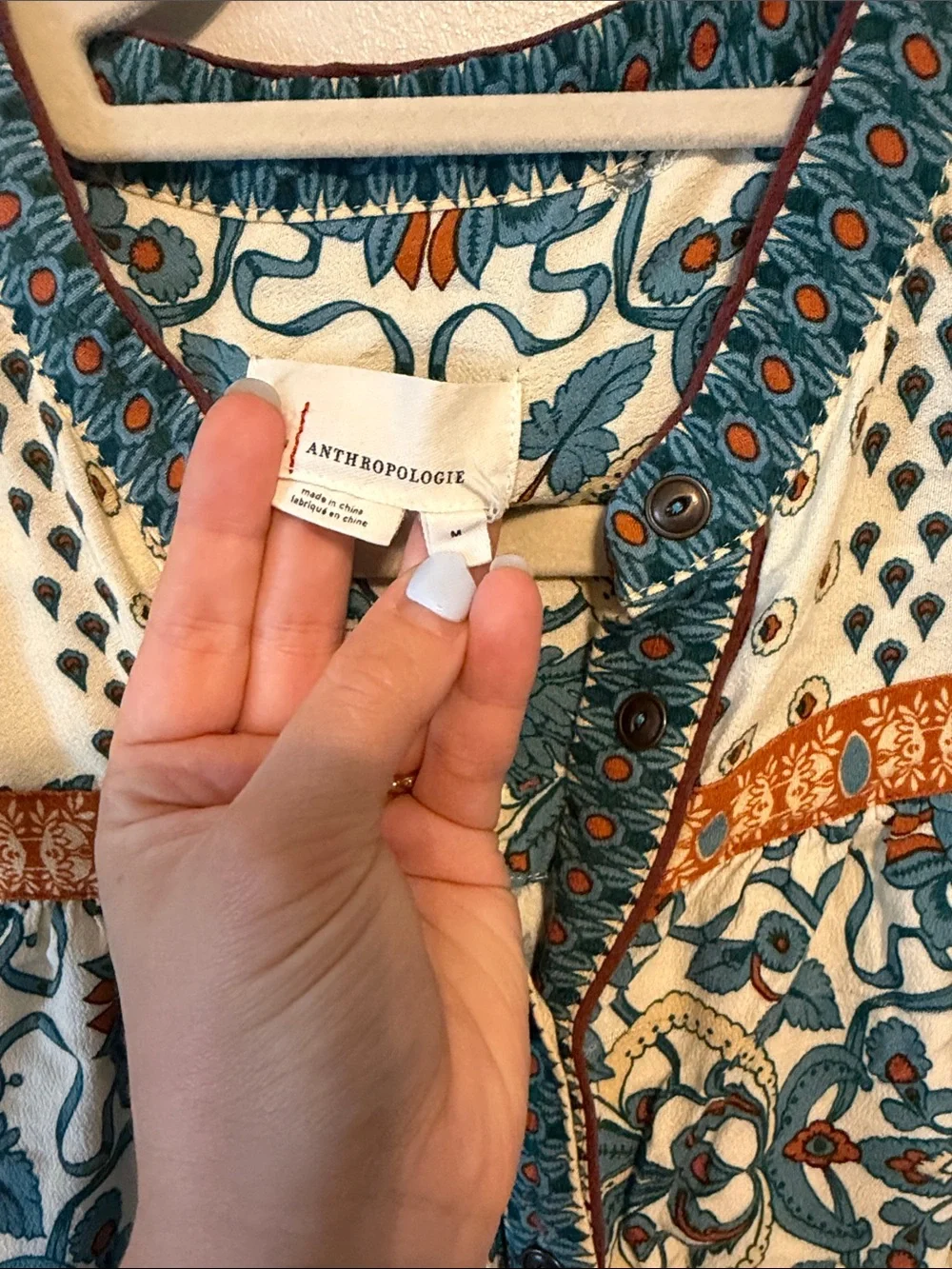 Anthropologie Teal, Cream & Orange Printed Button-Front Blouse - Picture 2 of 7